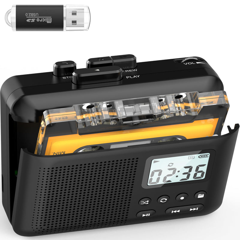 [AUSTRALIA] - Portable Cassette Player,Cassette to MP3 via SD Card, Walkman Cassette Tape Player with 1000mah Rechargeable Battery,Built-in Microphone&Speaker,Headphone Jack,16GB SD Card(Black) Black 