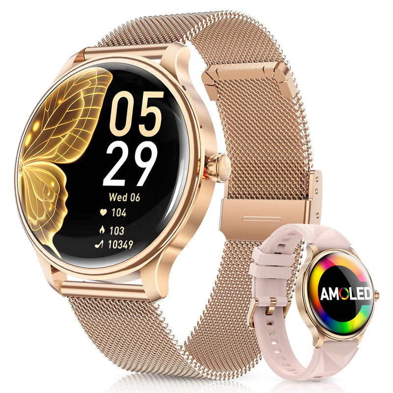 WalkerFit Smartwatch for Women, 1.43” AMOLED Fitness Watch with Bluetooth Calling, Wireless Magnetic Charging, Female Health Tracker, 120+ Sports Modes, IP68 Waterproof, Compatible with Android iOS Rose Gold
