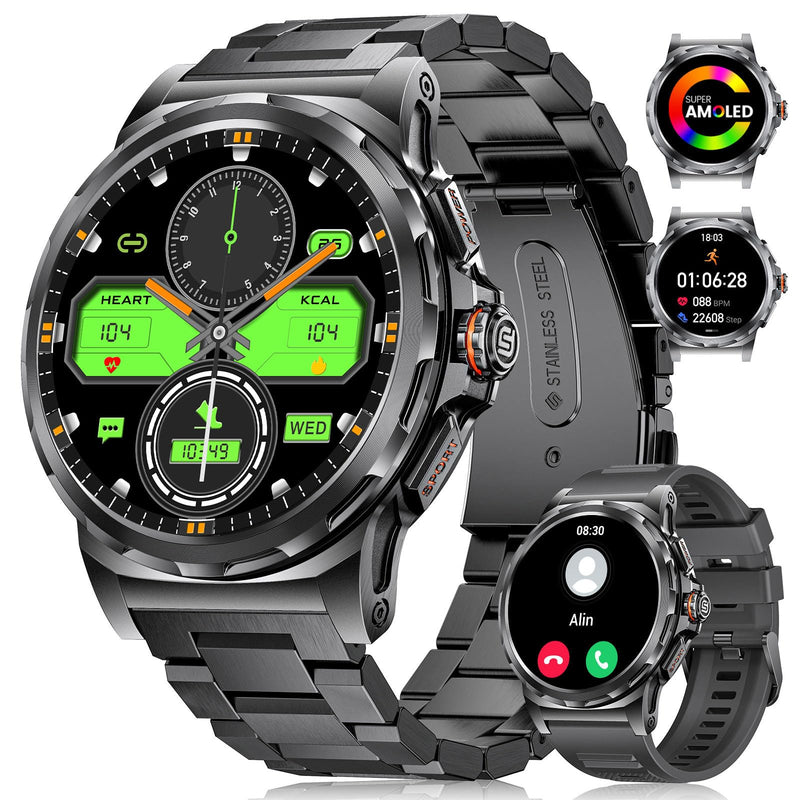 Military Smart Watch for Men(Answer/Dial Calls),1.46'' AMOLED Touchscreen/5ATM Waterproof/120+ Sports Modes Fitness Watch with Blood Pressure/Heart Rate/SpO2/Pedometer for Android/iOS Smartwatch Black