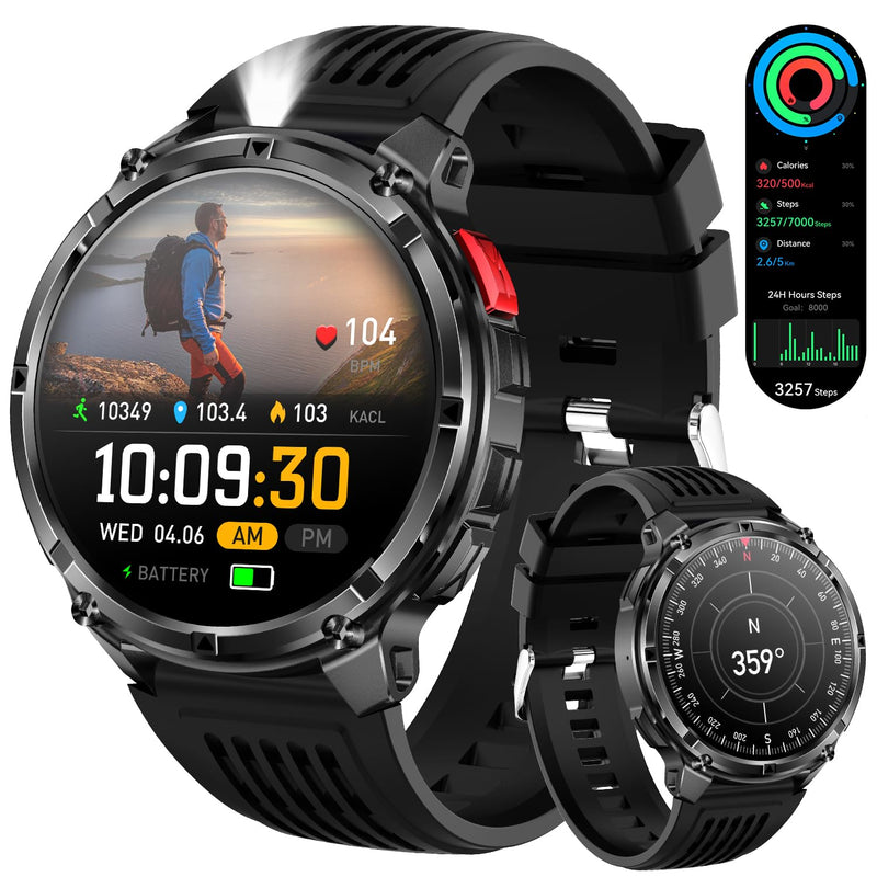 Mens Smart Watch for Android Phones and iPhone,Military Sport Smart Watches for Men Fitness Tracker Watch with Flashlight/Compass/Waterproof/100 Days Battery/Heart Rate/Sleep/100+ Sport Modes Black