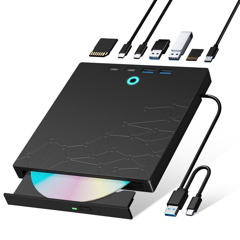 [AUSTRALIA] - External CD/DVD Drive for Laptop, DVD Burner CD Reader for Laptop, 8-in-1 USB 3.0 Portable CD Players with SD/TF Ports, External Disk Drive Optical for MacBook Windows 11 10 PC Linux OS Black 