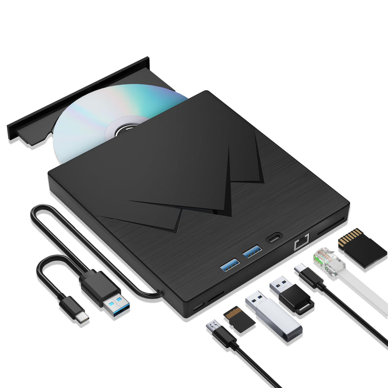 Wbacon 7 in 1 External CD/DVD Drive for Laptop with Ethernet Adapter | Portable CD/DVD Reader Writer with LAN Port & USB 3.0 & 2 SD/TF Ports, External CD Drive for PC Windows 11/10/8/7/XP Linux