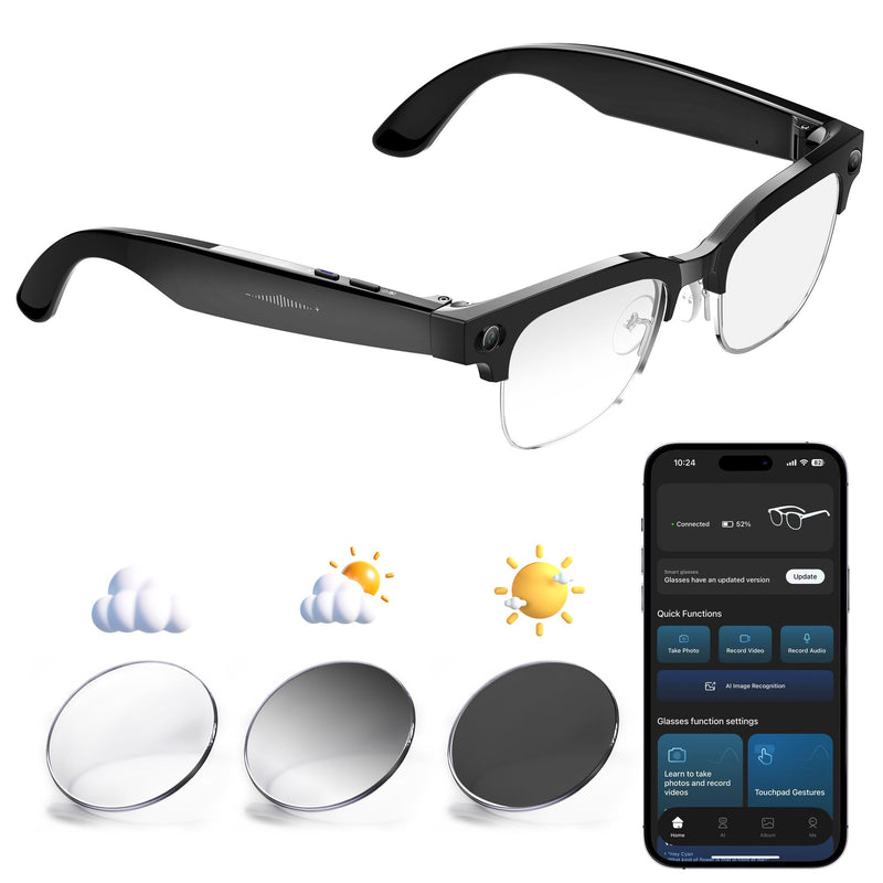 Yowow BIT AI Smart Camera Glasses with HD 8MP Camera, 4K Photos & 1080P Video,Anti-Shake, 12H Music/Bluetooth Calls, Real-time Translation/GPT Object Recognition, IP66 Waterproof, Blue Light Glasses