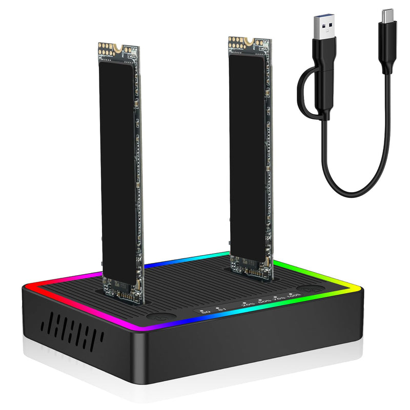 M.2 NVMe SATA SSD Cloner Dock, Dual NVMe SATA SSD Enclosure, 20Gbps USB3.2 Gen 2X2 SSD to USB Adapter,M.2 Duplicator Cloner for Both (M Key,B+M Key) Tool-Free,Support Offline Clone-RGB Plastic