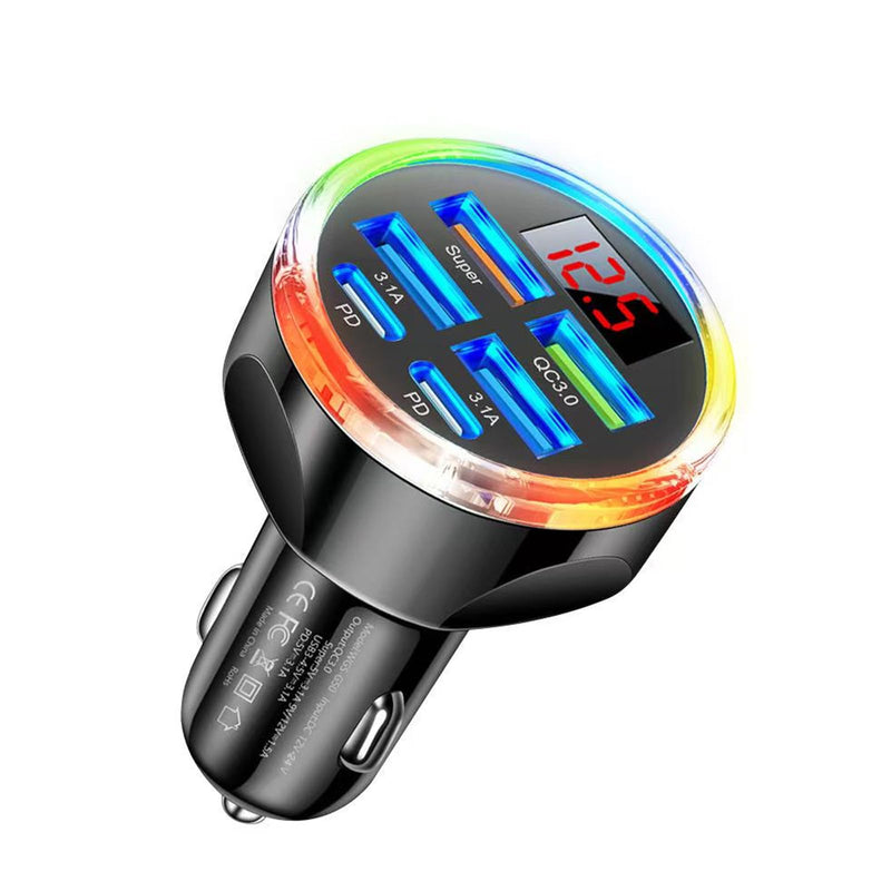 Super Fast Charge USB C Car Phone Charger Adapter 6 in 1 with Voltage Display, 250W Multi Port Cigarette Lighter USB Charge for iPhone 17 16 15 14 13 12 11 Samsung Galaxy Huawei Oneplus Oppo Vivo