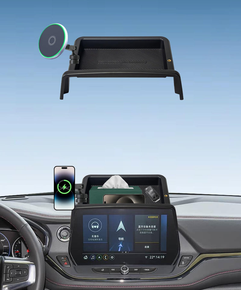 Car Phone Mount for Chevrolet Blazer 2023 2024 2025 2026 Accessories | 10.2-in Screen Clip-On 360° Rotatable MagSafe 15W Fast Wireless Charger Cell Phone Holder, 3D Fit Navigation Cradle for 2023-2026 Blazer(10.2 Inch+Storage Tray)