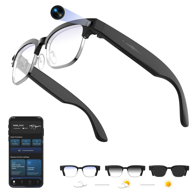 AI Smart Glasses with Camera, 8MP Anti-Shake Bluetooth Camera Glasses,1080P Video Recording Dual Mic Noise Reduction, Real Time Translation&Simultaneous Interpretation, 290mAh Capacity(W630)