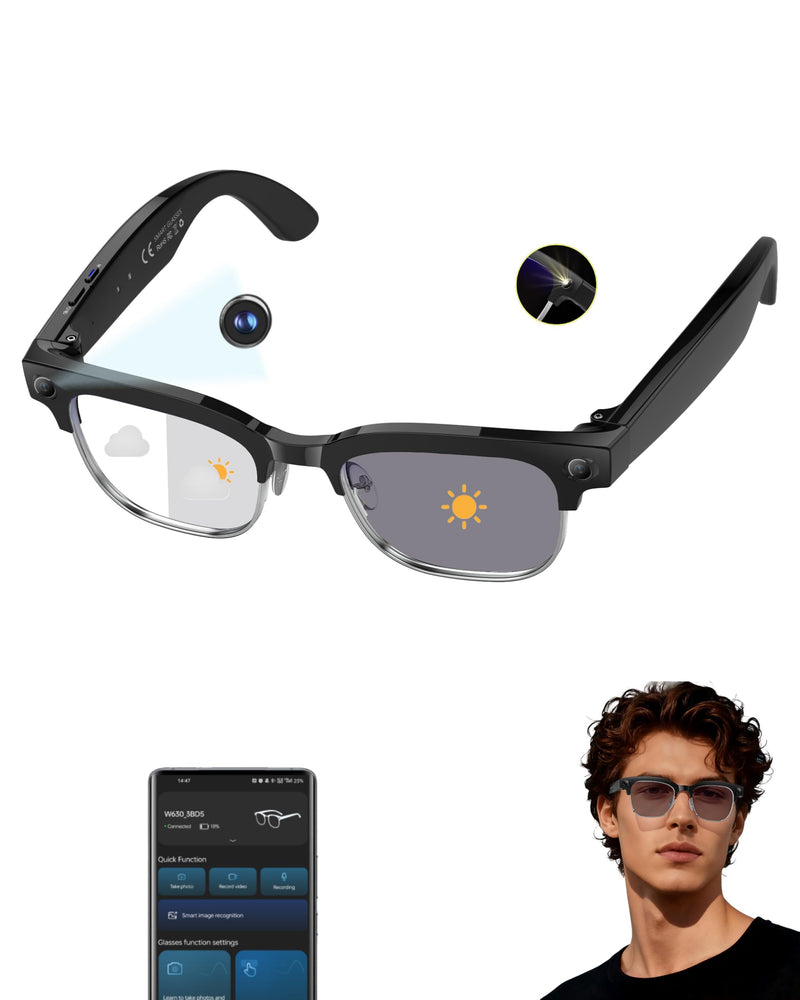 AI Smart Glasses with Camera 1080P POV Video Recording Photochromic | Real-time audio translation & open-ear Bluetooth music call