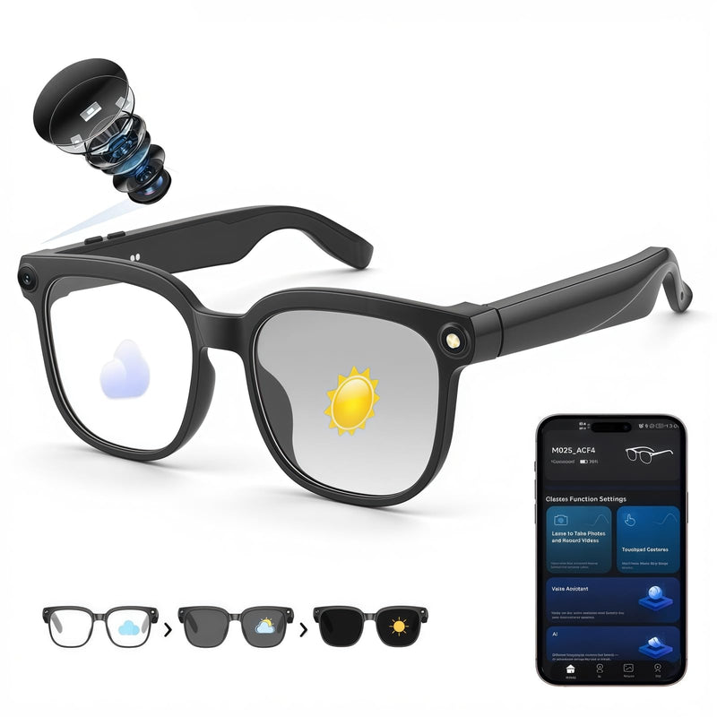 AI Smart Glasses with Camera, 8MP 4K/1080P Video Recording Glasses, Real-Time Translation, AI Voice Assistant & Object Recognition, Open-Ear Audio, Photochromic UV400 Lenses for Travel & Business