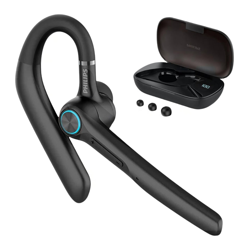 Philips Trucker Bluetooth Earpiece, Wireless Bluetooth Headset with Mic, 400mAh Charging Case with LED Display, All-Day Extended Talktime, Built-in Mic for Hands-Free Calling, Designed for Office Work Black