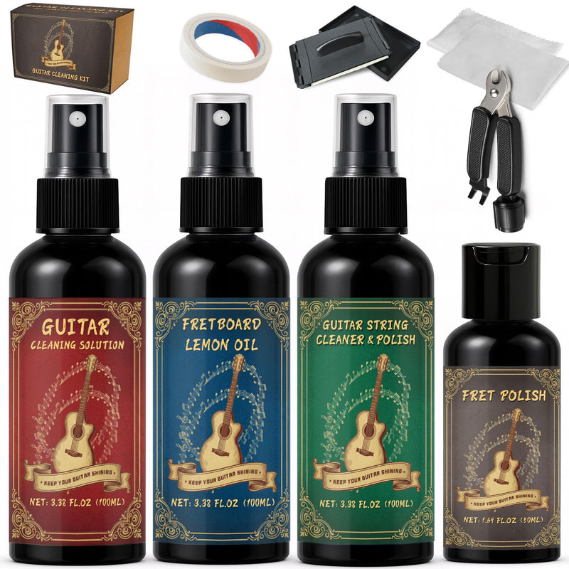 [AUSTRALIA] - 9pcs Guitar Cleaning Kit with Fret Polish, Guitar Cleaner Prevents Wear, Fading, and Cracking, While Keeping Your Instrument in Its Best Appearance and Sound Quality at All Times 