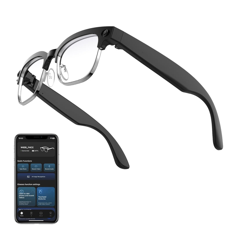AI Smart Glasses with 8MP Camera, 1080P Video Recording & HD Photos, Bluetooth Audio, Voice Assistant, Real-Time Translation, Noise Cancelling Calls & Music, Photochromic Lenses W630_Black