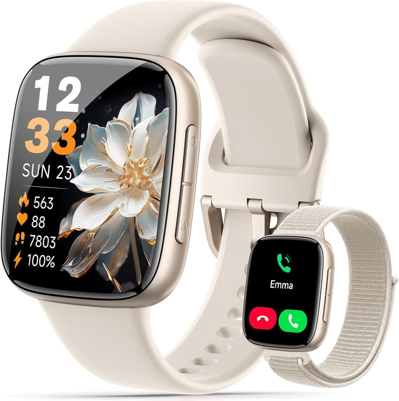 Smart Watches for Women Men, 1.85" HD AMOLED Smart Watch for Android iPhone, 3ATM Waterproof, Bluetooth Calls/Messages, SpO2/Heart Rate Monitor, Sleep Tracker, 120+ Sports Modes Fitness Watch, 2 Bands Beige