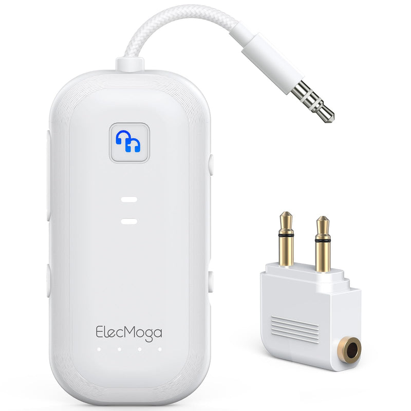2025 Upgraded Airplane Bluetooth 5.4 Transmitter with aptX Adaptive, ElecMoga Airplane Travel Essentials Supports 2 AirPods or Headphones, 2-in-1 AUX Wireless Transmitter Receiver for TV, Car, White Pure White