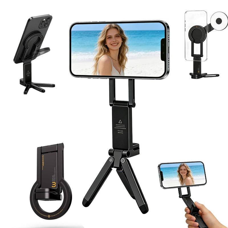 Magnetic Phone Tripod for Travel, Airplane Phone Holder with 360°Rotation, Immediate Attach Attractive Car Phone Stand Highlighting Hard Wearing Metal Base and Flexible Positioning for Guidance (Black Black
