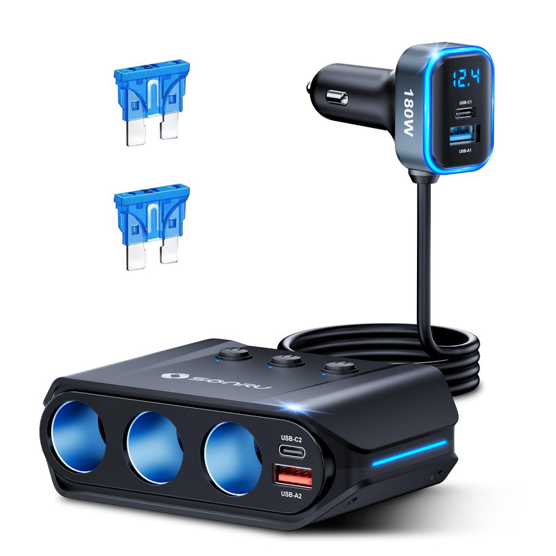 7 in 1 Cigarette Lighter Splitter,SONRU 180W (Max 192W) Car Charger Adapter | Dual PD 36W/QC3.0,24V/12V 3-Sockets Fast Charge for iPhone GPS Dash Cam Car Accessories,Independent Switch Voltage Display black1