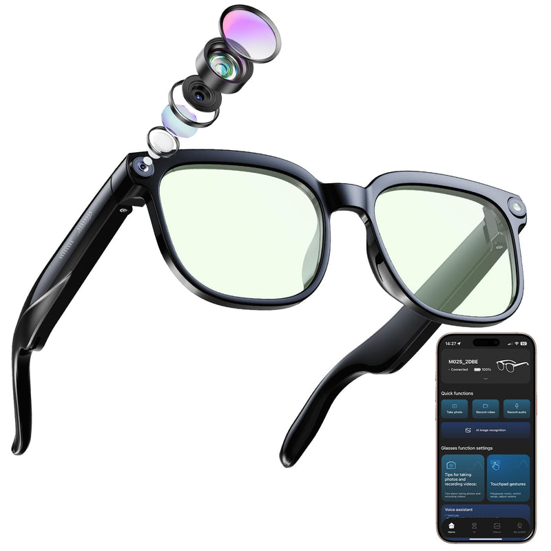 CJkao Smart Glasses with Camera, Bluetooth Music & Call, 800W HD Camera Glasses, 1080P Video Recording, Built-in ChatGPT Voice Assistant Control for Men Women (Grey)