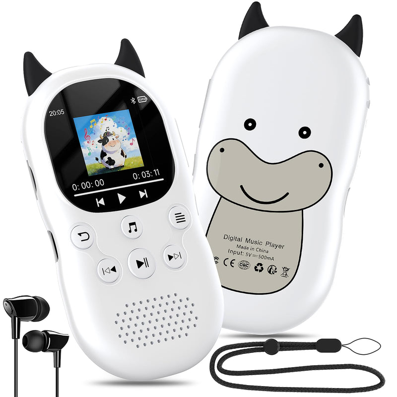 [AUSTRALIA] - 64GB mp3 Player for Kids with Bluetooth 5.3,Child Music Player with Speaker, FM Radio, Voice Recorder, Alarm Clock, Stopwatch, One Click to Play, Expandable up to 128GB,Cute Cow Shape, Free Lanyard Off-white 