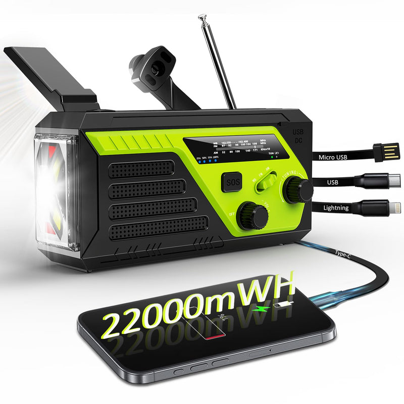 Weather Radio 22000mWh AM FM NOAA Emergency Radio with 4 Charging Cables, Flashlight, Reading Light, SOS Alarm, Phone Charging Hand Crank Radio for Home Outdoor Emergencies. Green