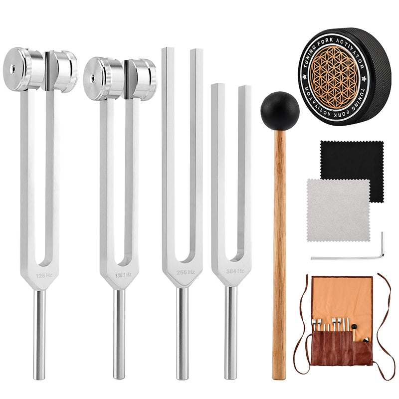 Tuning Forks for Healing Set,‌ Complete Healing Sound Set - 4-Tuning Forks (128Hz, 136.1Hz, 256Hz, 384Hz) + Accessories for Meditation, Yoga & Stress Relief‌