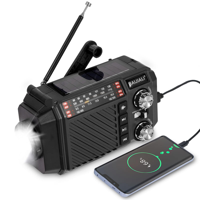 [AUSTRALIA] - Hand Crank Emergency Weather Radio with 2600mAh/9620mWh Power Bank, NOAA AM FM Shortwave Portable Radio, Solar & USB-C Charging, Flashlight, SOS Alarm for Emergency Kits (Black) Black 