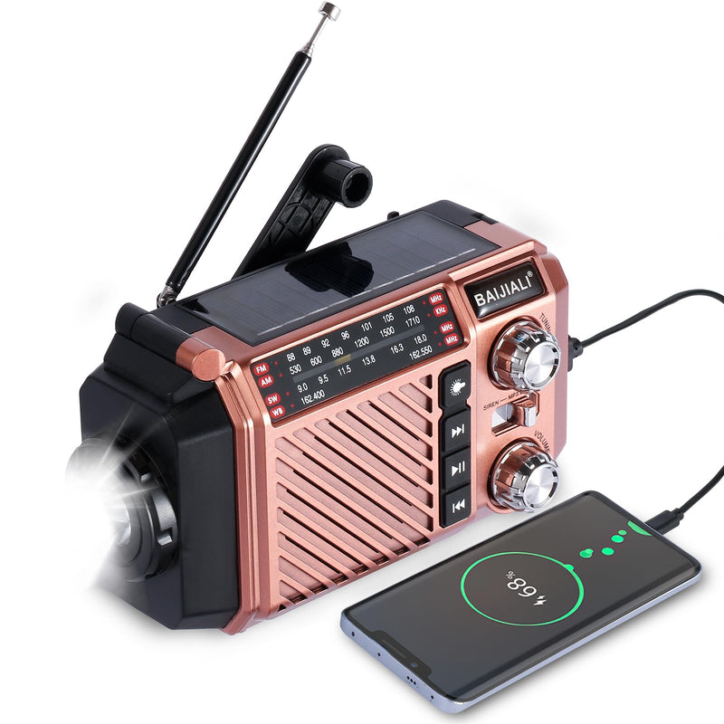 Hand Crank Emergency Weather Radio with 2600mAh/9620mWh Power Bank, NOAA AM FM Shortwave Portable Radio, Solar & USB-C Charging, Flashlight, SOS Alarm for Emergency Kits (Brown) Brown