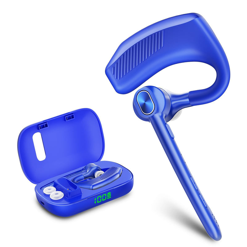 [AUSTRALIA] - Bluetooth Headset Wireless Earpiece Microphone 180H Playtime 1000mAh Wireless Charging Case Handsfree Single Ear Headset LED Display for iPhone Android Cellphones PC Computer Trucker Drivers Work Game Blue 