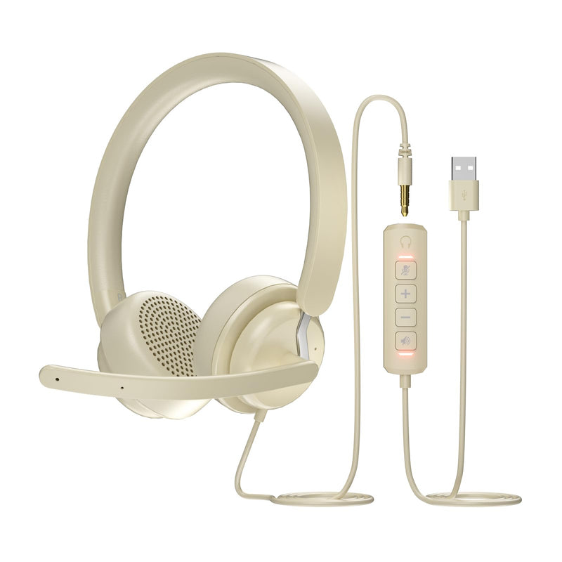 awatrue USB Headset with Microphone for PC, Computer Headset with Noise Canceling Microphone for PC Laptop, in Line Mute Controls, Wired Headset for Work from Home/Office/Call Center/Teams/Zoom Apricot