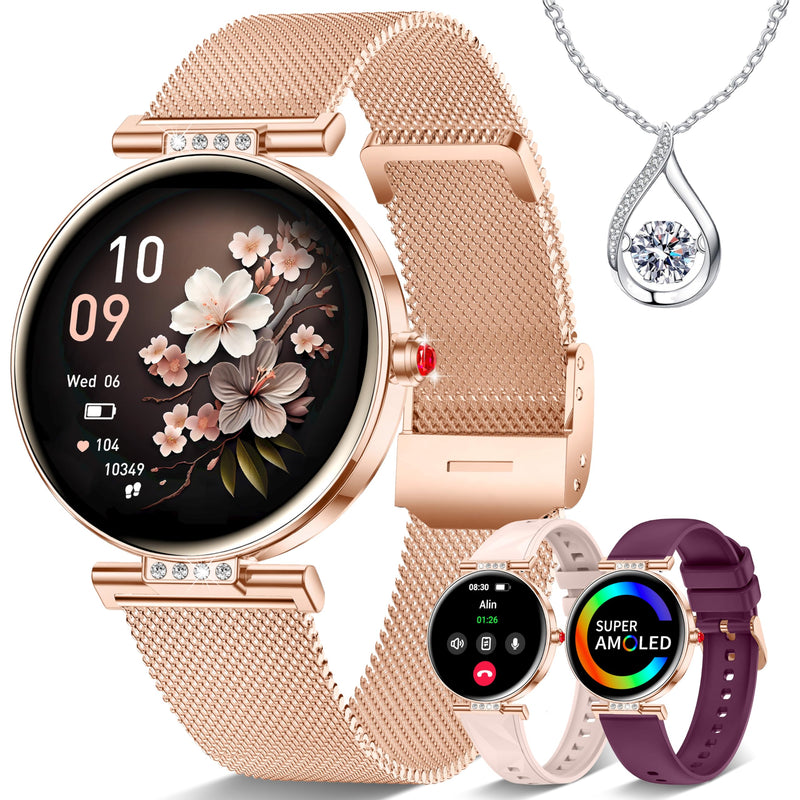 Smart Watch for Women for Android iPhone 3 Band 1.19” Small AMOLED 2000 Nit | Fitness Tracker Bluetooth Call/Heart Rate/SpO2/Sleep Monitor, DIY Dial, 120+ Sports Modes IP68 Waterproof, Rose Gold 1-Rose Gold