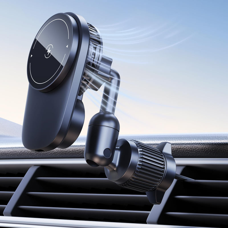 Long-arm Wireless Magnetic Car Phone Holder Mount with Cooling Fan & RGB Lights, 15W Fast Charging Auto-Rotate Charger for iPhone 17/16/15/14/13/12 S25 Samsung Google, Car Air Vent Mount Vent clip