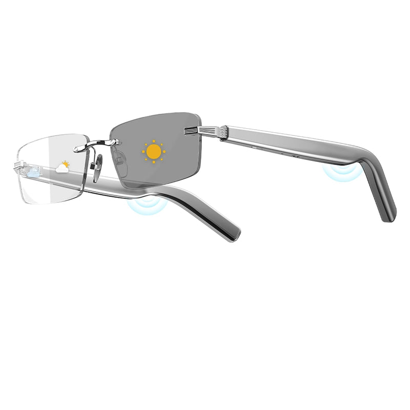 Lightweight Rimless Smart Glasses with Self-Tinting Lenses - Bluetooth Open-Ear Audio, No Camera for Privacy, All-Day Comfort