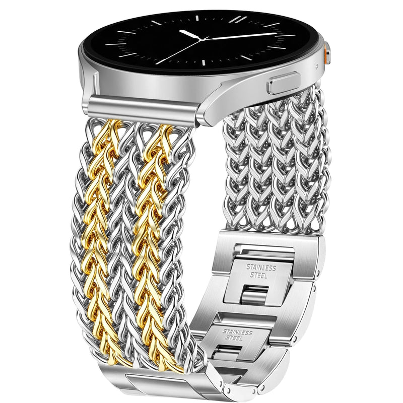 JR.DM Starlight Metal Watch Band Women 20mm Dressy Strap Stainless Steel Chain Bracelet Compatible with Samsung Galaxy Watch 7/6/5/4/Active 2/4 6 Classic/5 Pro/FE 40mm 42mm 43mm 44mm 45mm 46mm 47mm A5 Silver+Gold