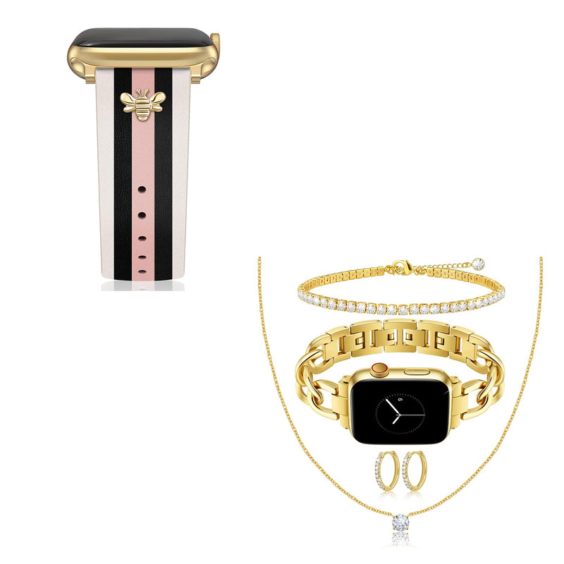 MOINSPIRE Designer Leather Bands with Charms Slim Band and 3Pcs 18k Golden Jewelry Set Bundle Compatible with Apple Watch 38mm 40mm 41mm 42mm 44mm 46mm 45mm 49mm for iWatch Series 11/10/9/8/7/6/5/4/3/