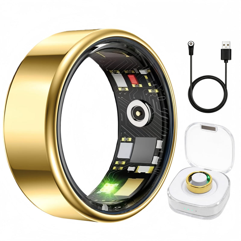 Smart Ring Health & Fitness Tracker for Men & Women, Heart Rate, SPO₂, Sleep & Activity Monitoring, IP68 Waterproof, Long Battery Life, Family Care Mode, No Subscription Fee (Gold, 8) Gold