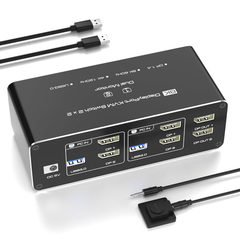 KVM Switch 2 Monitors 2 Computers, 8K@60Hz KVM Switch DisplayPort Extended Display, 4K@120Hz, KVM Switches for 2 Computers Sharing 2 Monitor, 4 USB 3.0 Devices Such as Keyboard, Printer, Scanner,Mouse Dual DP 2 Monitor