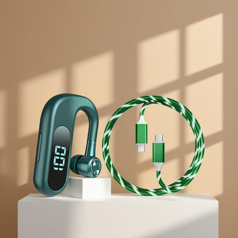 [Green Series Single Ear Wireless Bluetooth Business Headset V13 + Visible Blue Light-Up USB-C to USB-C Data Cable.