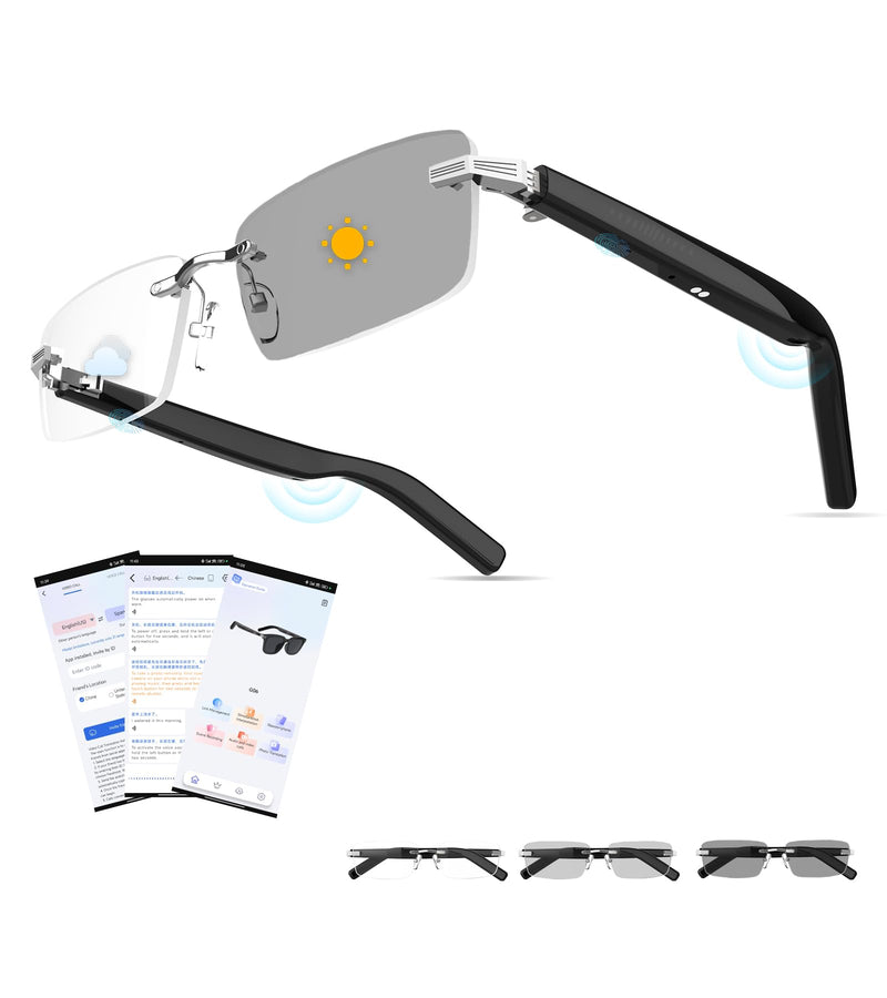 AI Smart Bluetooth Glasses for Men and Women with Chat GPT, Translation Glasses with 115 Languages and Rimless Photochromic Lens, Hands-Free Calls, UV Protection Translator Sunglasses for Music, work Black Temples Photochromic Lenses