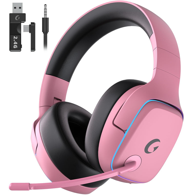 Gvyugke 2.4GHz Wireless Gaming Headsets for PS5, PS4, PC, Switch, BlushPink | Bluetooth 5.3 Gaming Headphones with Noise Canceling Mic, 7.1 Surround Sound, 70H Battery, Blue Lighting Blush Pink