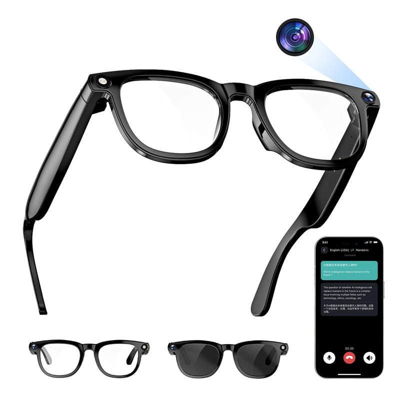 AI Translation Smart Glasses with Built-in AI Assistant & 800W Camera, ENC Noise Cancelling, USB-C Fast Charge for International Travel and Business Meetings Black