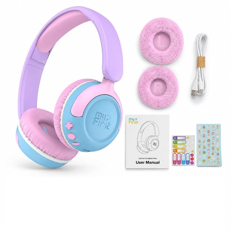 myFirst CareBuds Max Kids Headphones, Wireless & Wired Headphones for Kids | with Mic, Bluetooth, 85/94dB Volume Limit, 52H Playtime, Fast Charge, Dual Audio Sharing, on Ear Toddler Headphones Cotton Candy