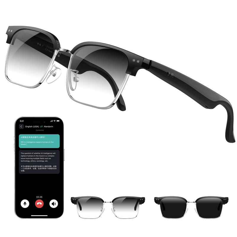 AI Translation Glasses, 164 Languages Real-Time Translator, Black Plastic Frame, Bluetooth 6.0, IP67 Waterproof, Voice Assistant for Business Travel (photochromic Lenses) photochromic lenses