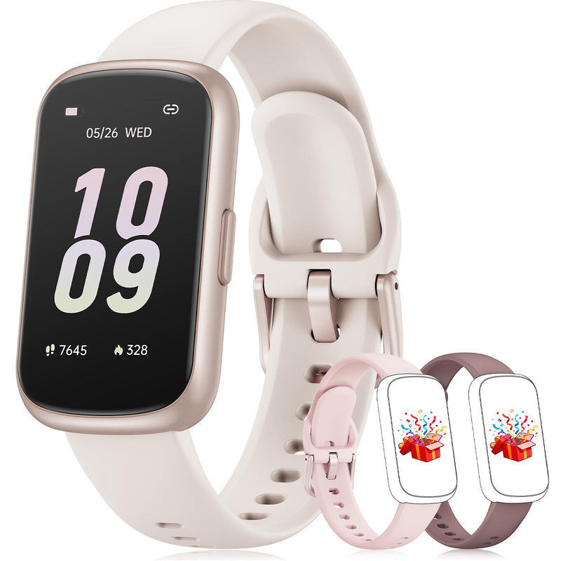 Fitness Tracker with 24/7 Heart Rate Monitor, Sleep Tracker - 3 ATM Waterproof Fitness Watch Calorie Step Counter Smart Watch Includes 3 Sport Bands for Android iOS Women Men, Mystic Rose/Starlight