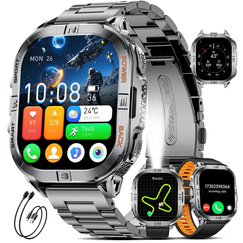 SUNKTA Smart Watches for Men(Answer/Dial Calls),2.01" Ultra Large HD Smartwatch with 60 Days Extra-Long Battery/Heart Rate/Sleep Monitor/Flashlight/2 Straps,Rugged Fitness Watch for iOS/Android Black