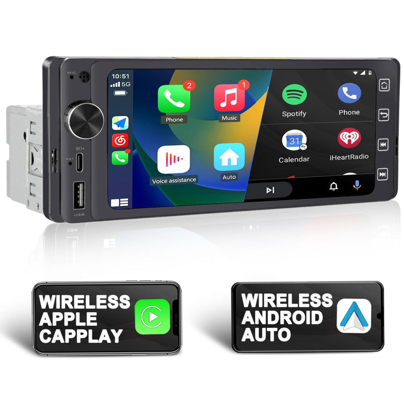 Single Din Touchscreen Radio Wireless/Wired CarPlay & Android Auto, HD IPS Touchscreen Car Stereo Single Din with Bluetooth 5.4, Mirror Link, Volume Knob, FM/SWC/EQ/USB 5.1"