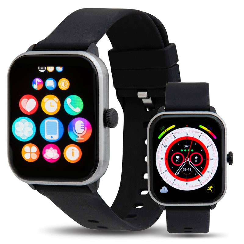 iWatch Silver Smart Watch, 1.85" Touch Screen Fitness Tracker, Men & Women | Black rubber band. AMOLED, Bluetooth calling, heart rate, sleep & step tracking, 3ATM water resistant, iOS & Android Silver Case + Black Rubber Band
