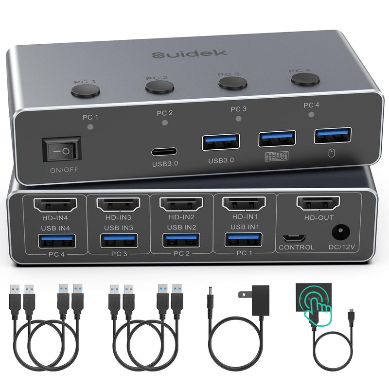 SUIDEK 8K@60Hz HDMI KVM Switch 4 Computers 1 Monitor-4 Ports USB 3.0(3A+1C) | Aluminum KVM Switches, Share 1 Monitor Keyboard Mouse Printer - Includes 4 USB Cables, Desktop Controller & 12V Power Adapter