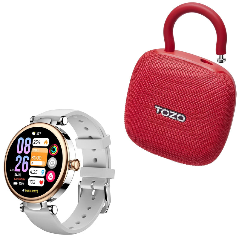 TOZO S8 AMOLED Smart Watch for Women, 1.32" HD Color Screen, PE1 Portable Bluetooth Speakers with Adjustable Carabiner, Mini Bluetooth Wireless Shower Speaker with IPX8 Waterproof