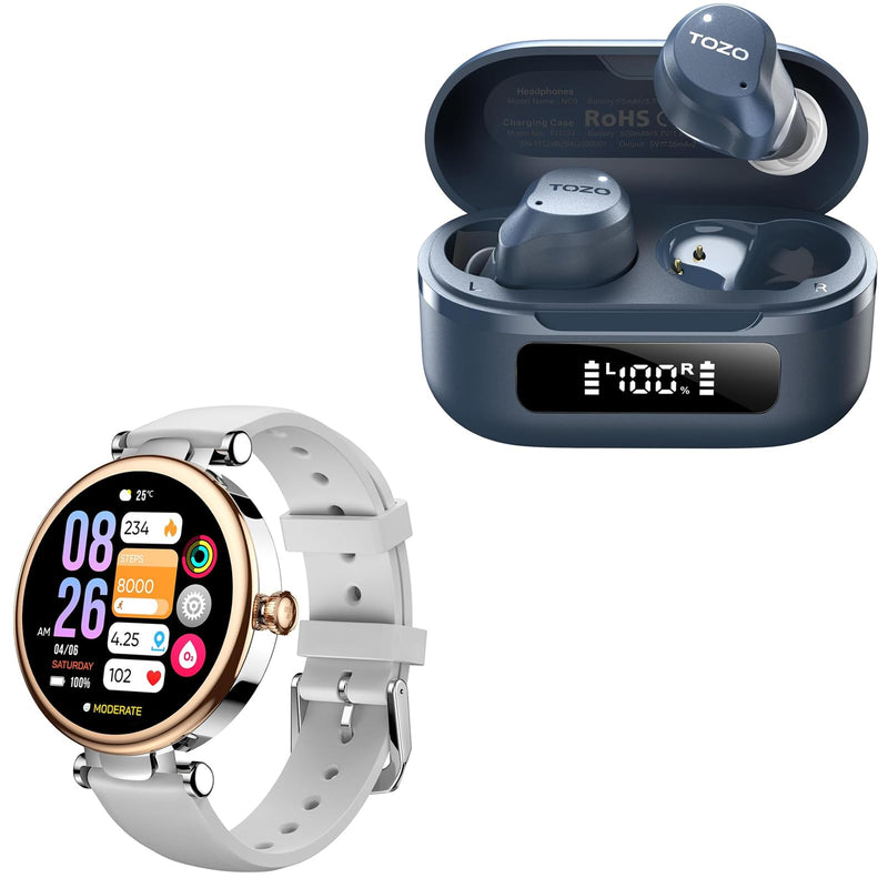 TOZO S8 AMOLED Smart Watch for Women, 1.32" HD Color Screen, NC9 Hybrid Active Noise Cancelling Wireless Earbuds, 6 Mics ENC Clear Call, IPX8 Waterproof