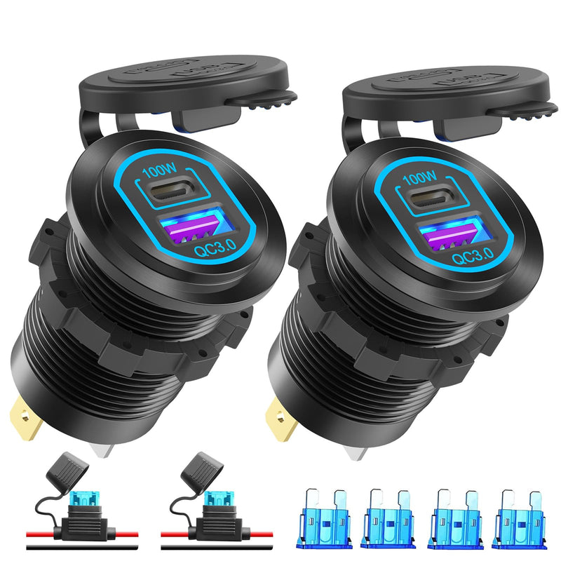 2 Pack 12V USB C Outlet PD 100W Car USB Port for Laptop and QC3.0 18W Car Charger Socket Aluminum Alloy, Fast Charging Cigarette Lighter Replacement DIY Accessary for RV MarineTruck Boat Golf