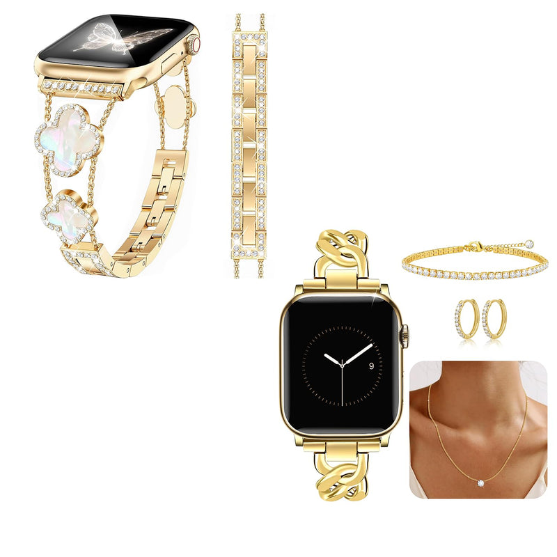 MOINSPIRE Silver Bling Diamond Clover Band Women Slim Band and 3Pcs 18k Golden Jewelry Set Bundle Compatible with Apple Watch 38mm 40mm 41mm 42mm 44mm 46mm 45mm 49mm for iWatch Series 11/10/9/8/7/6/5/